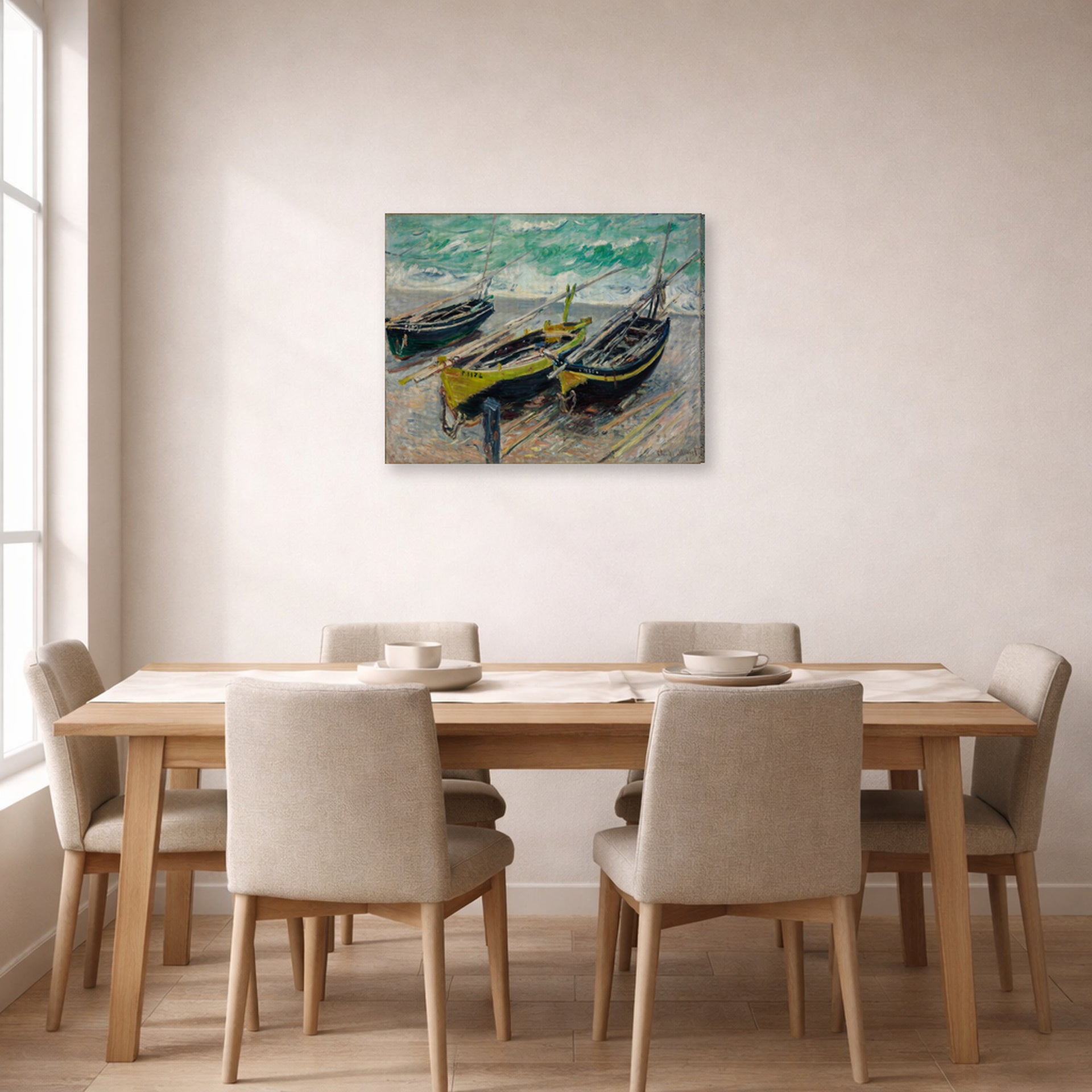 Gallery-wrapped canvas print of Claude Monet's 'Three Fishing Boats' displayed on a wall in a dining room