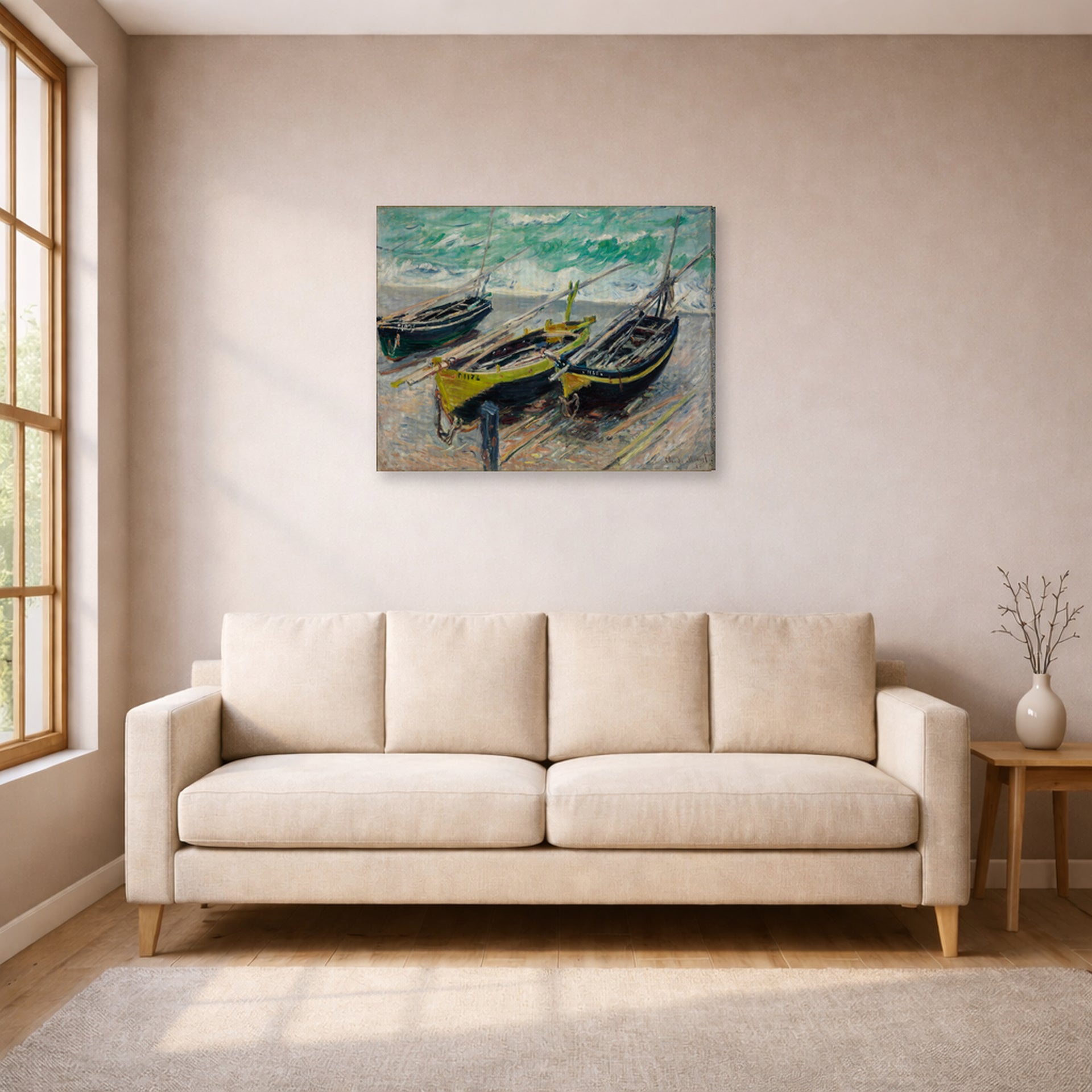 Gallery-wrapped canvas print of Claude Monet's 'Three Fishing Boats' displayed on a wall in a living room