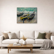 Gallery-wrapped canvas print of Claude Monet's 'Three Fishing Boats' displayed on a wall in a living room