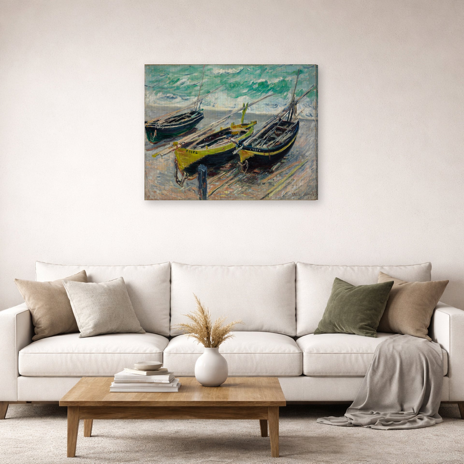 Gallery-wrapped canvas print of Claude Monet's 'Three Fishing Boats' displayed on a wall in a living room