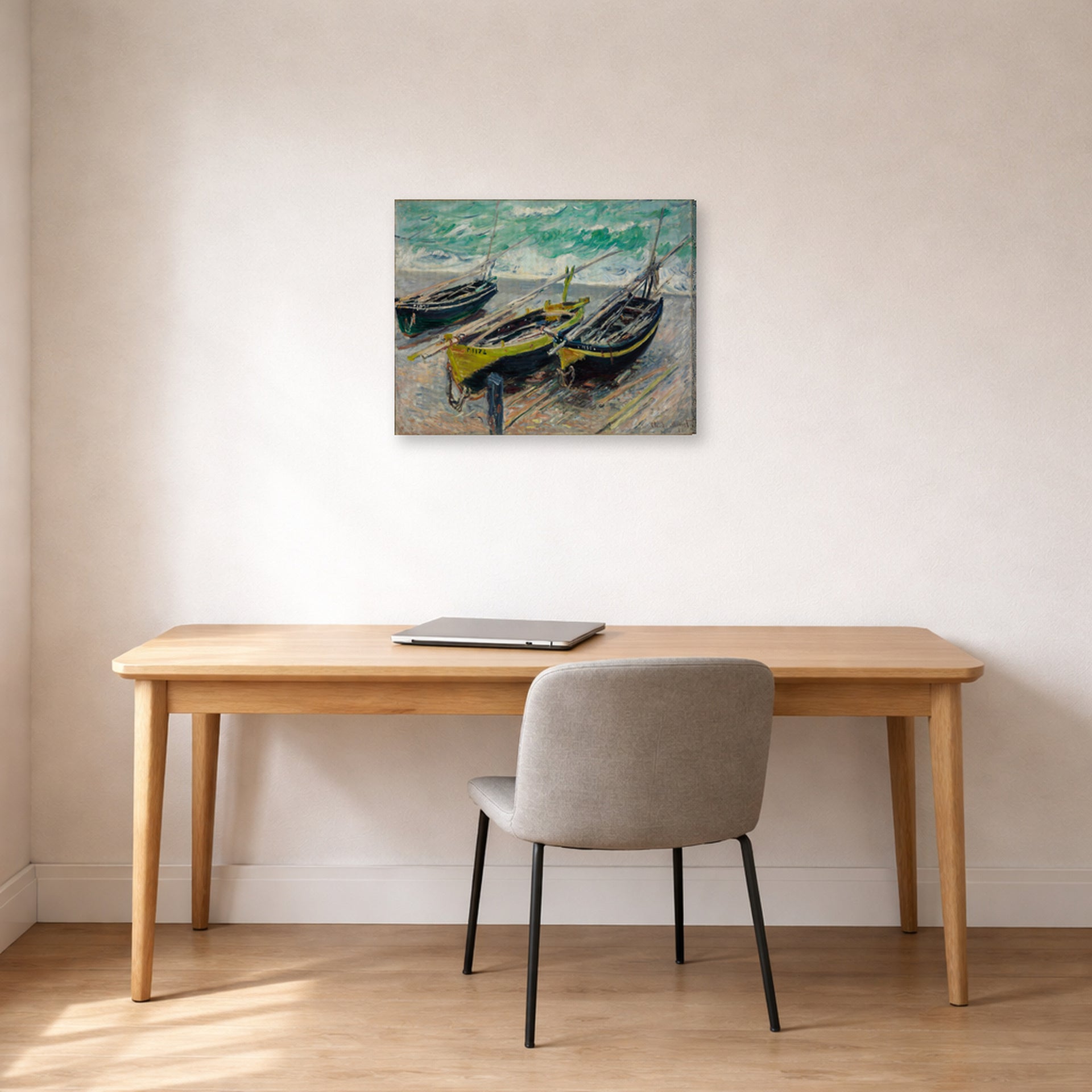 Gallery-wrapped canvas print of Claude Monet's 'Three Fishing Boats' displayed on a wall in a office
