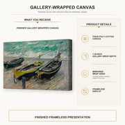 Claude Monet - Three Fishing Boats gallery wrap canvas construction and hanging details infographic