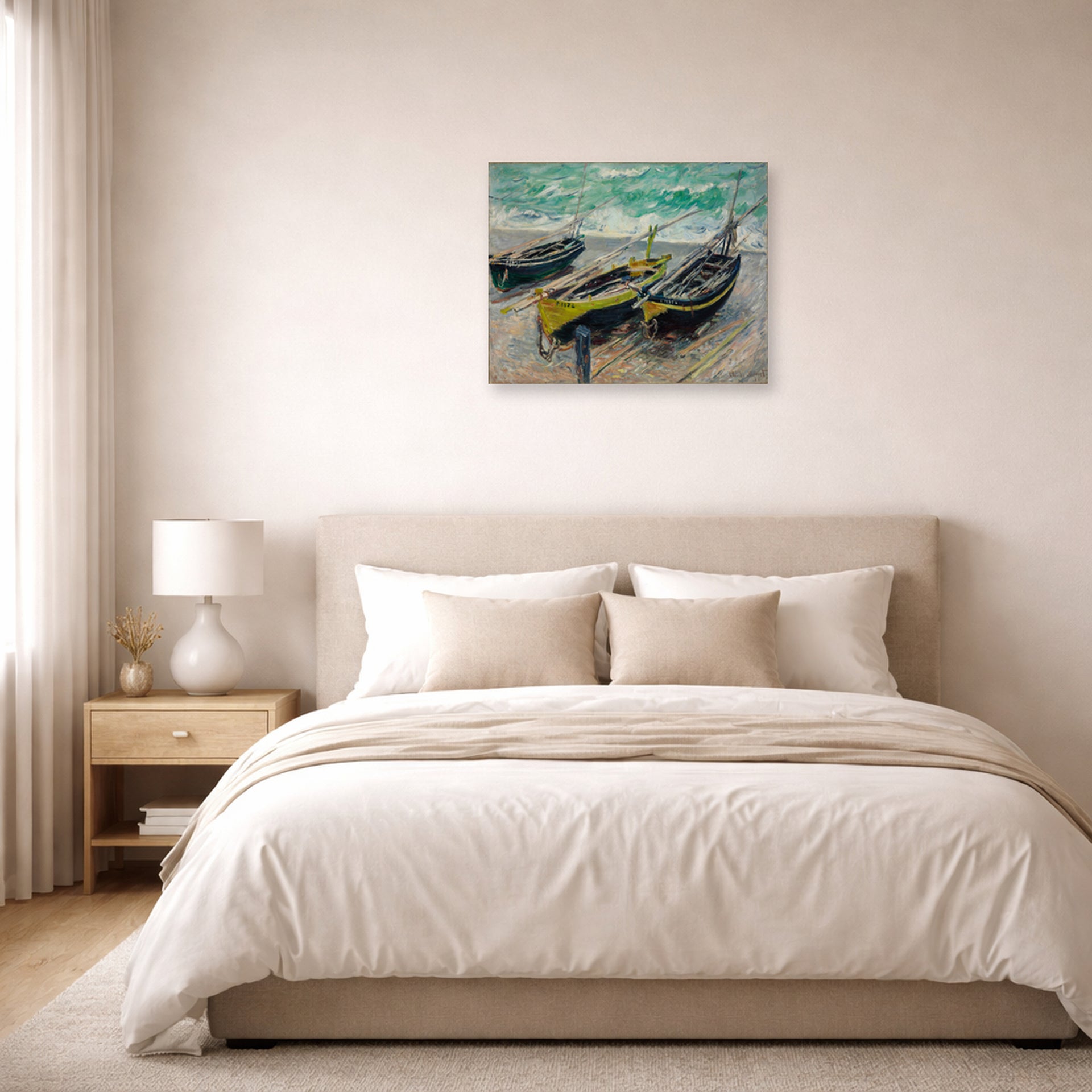Unframed poster print of Claude Monet's 'Three Fishing Boats' displayed on a wall in a bedroom