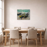 Unframed poster print of Claude Monet's 'Three Fishing Boats' displayed on a wall in a dining room