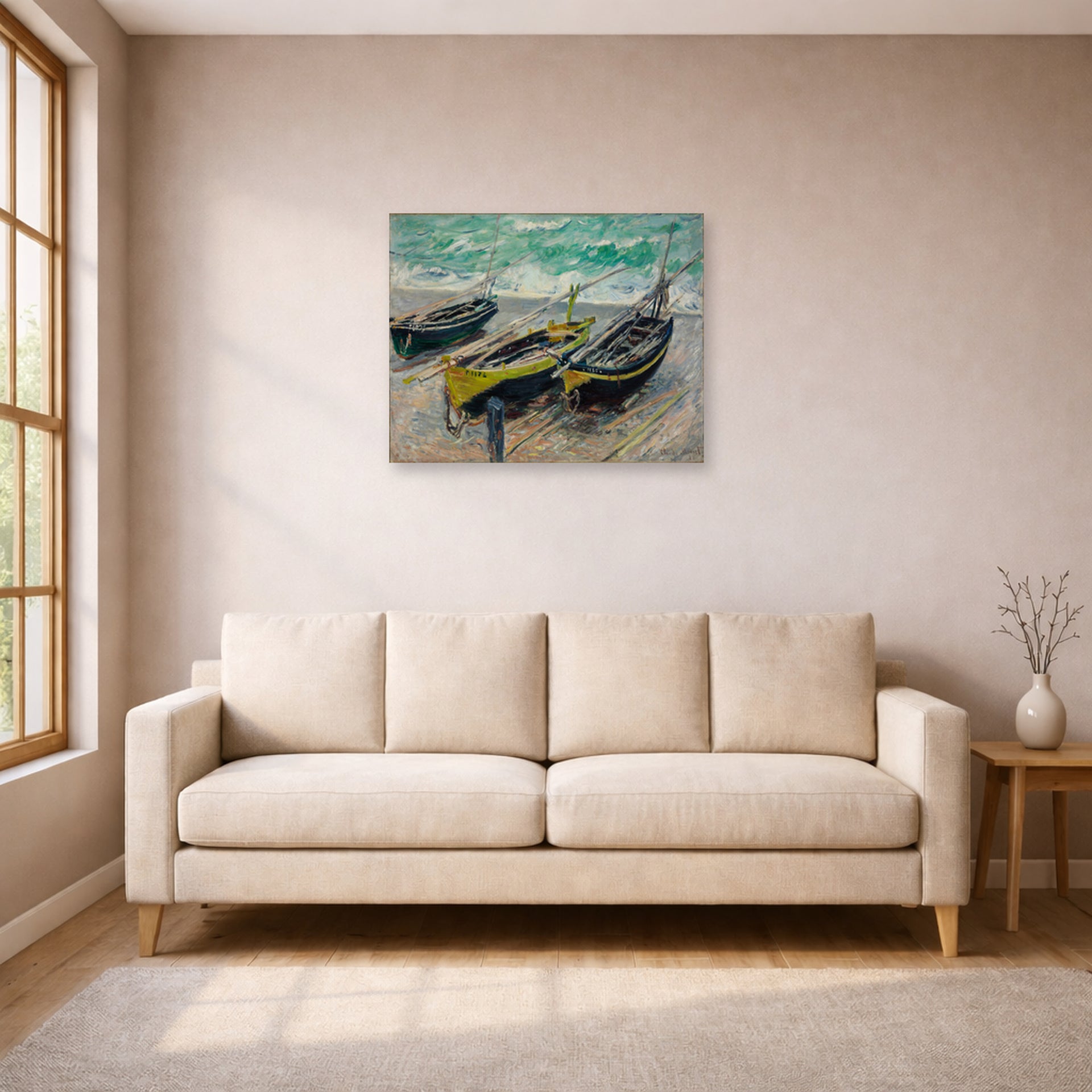 Unframed poster print of Claude Monet's 'Three Fishing Boats' displayed on a wall in a living room