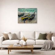 Unframed poster print of Claude Monet's 'Three Fishing Boats' displayed on a wall in a living room