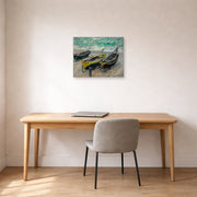Unframed poster print of Claude Monet's 'Three Fishing Boats' displayed on a wall in a office