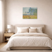 Gallery-wrapped canvas print of Claude Monet's 'Under the Poplar' displayed on a wall in a bedroom