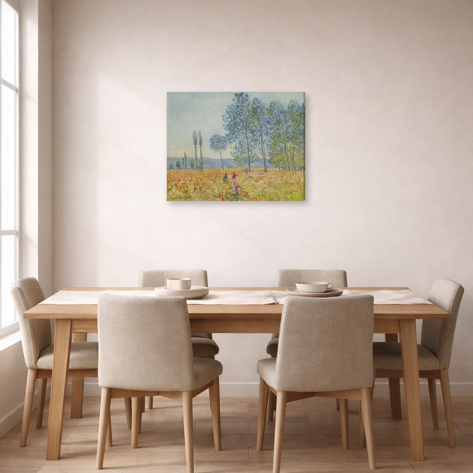 Gallery-wrapped canvas print of Claude Monet's 'Under the Poplar' displayed on a wall in a dining room