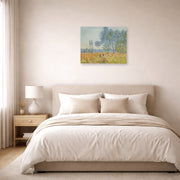 Unframed poster print of Claude Monet's 'Under the Poplar' displayed on a wall in a bedroom