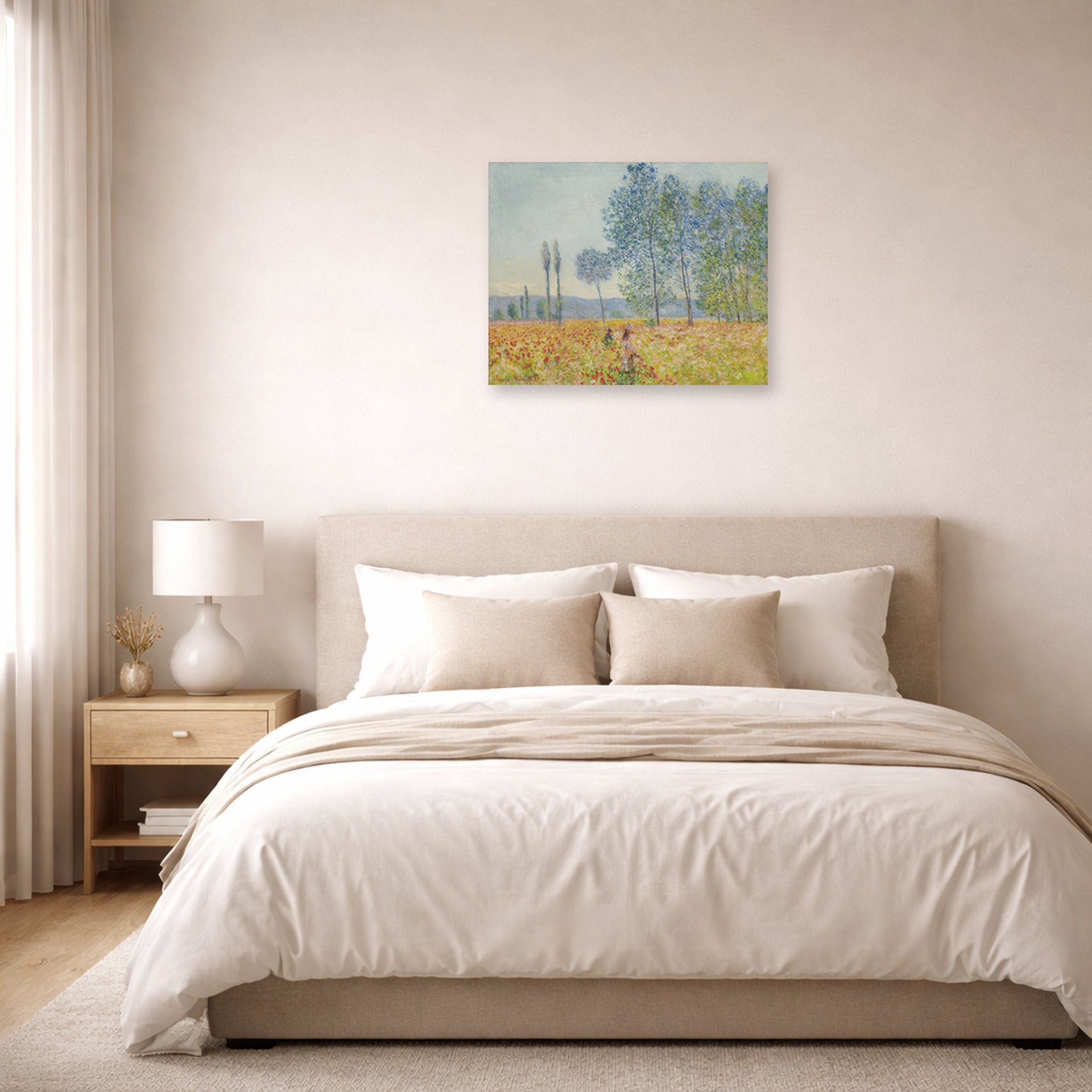 Unframed poster print of Claude Monet's 'Under the Poplar' displayed on a wall in a bedroom