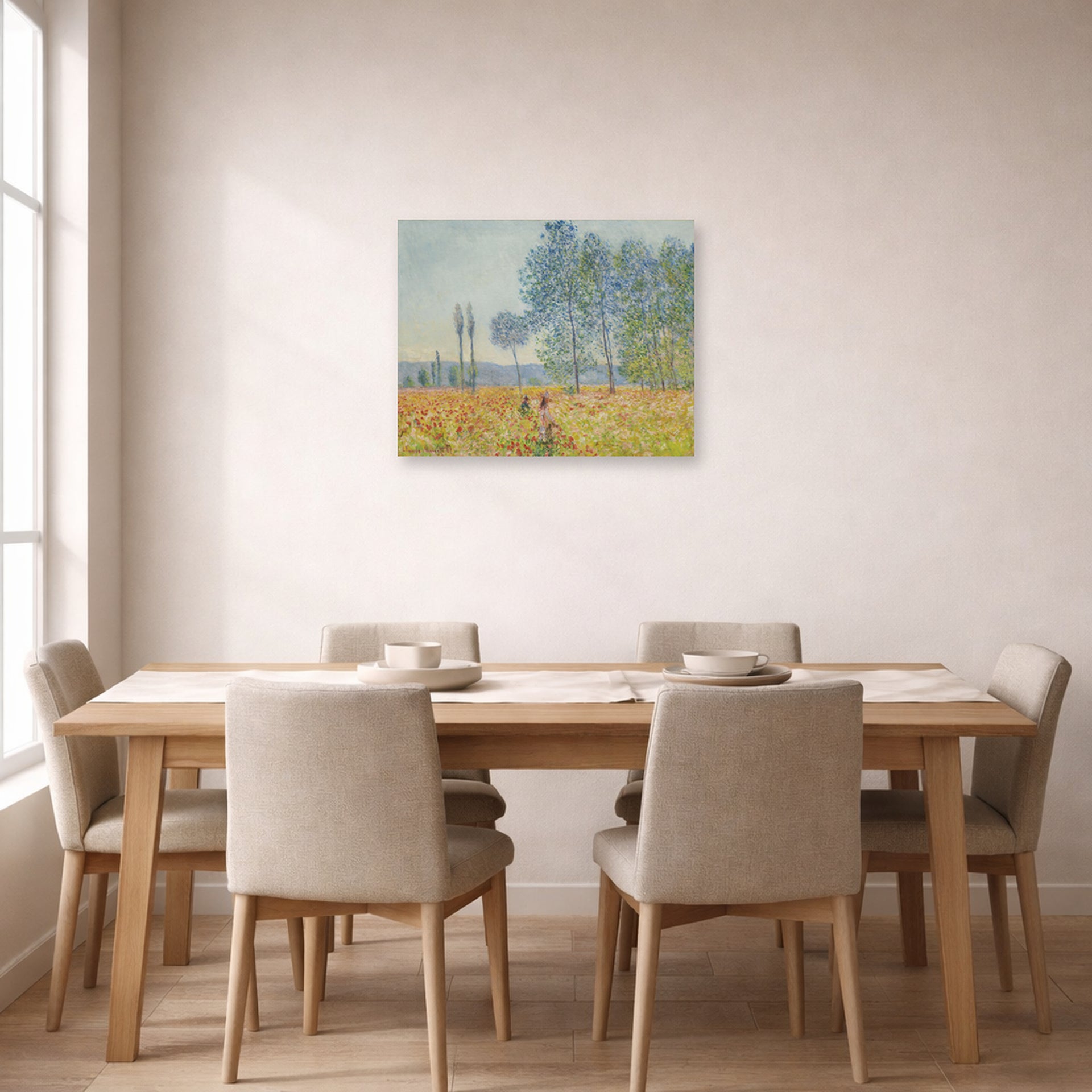 Unframed poster print of Claude Monet's 'Under the Poplar' displayed on a wall in a dining room