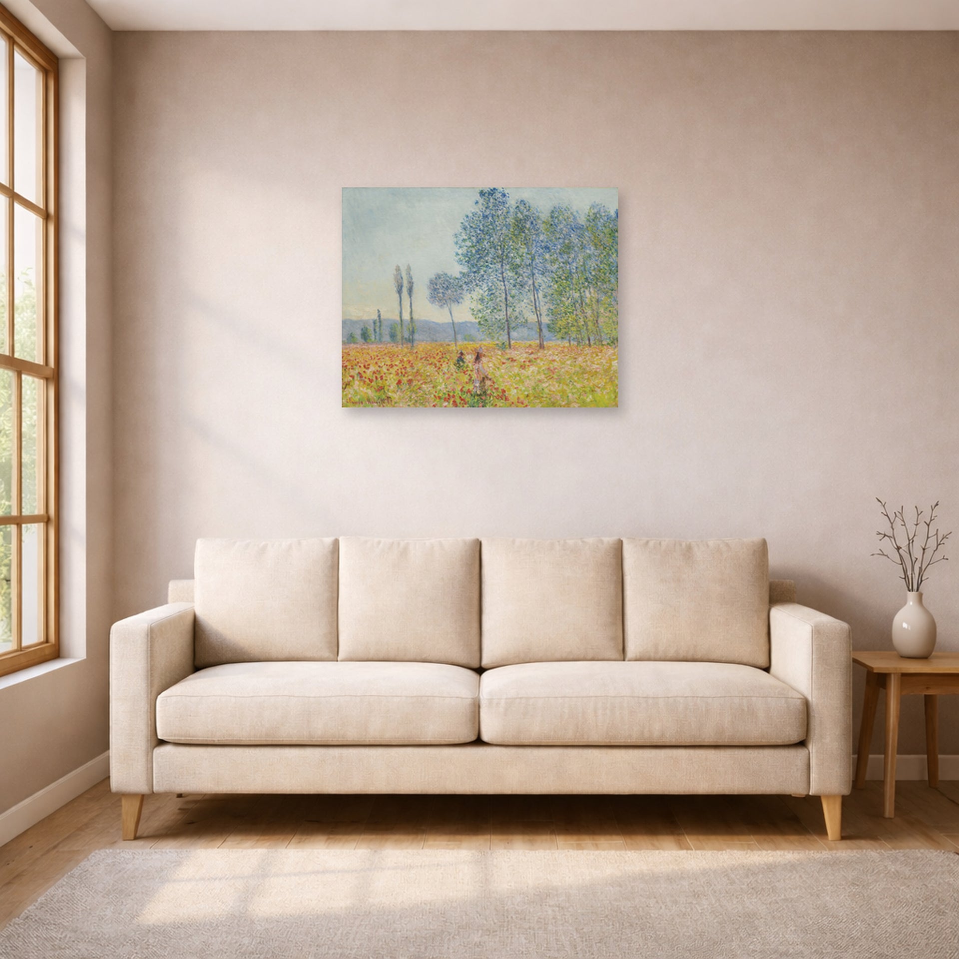 Unframed poster print of Claude Monet's 'Under the Poplar' displayed on a wall in a living room