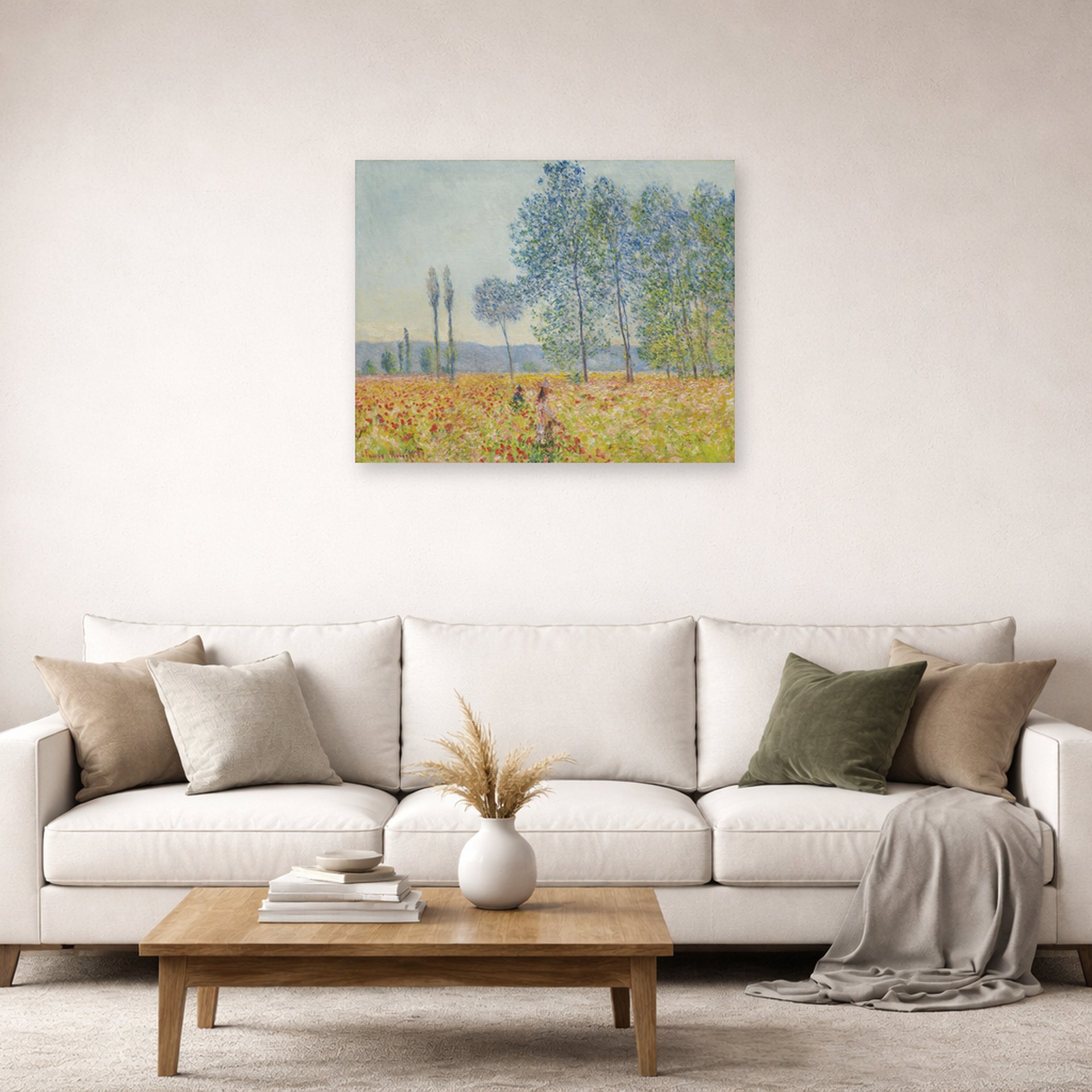 Unframed poster print of Claude Monet's 'Under the Poplar' displayed on a wall in a living room