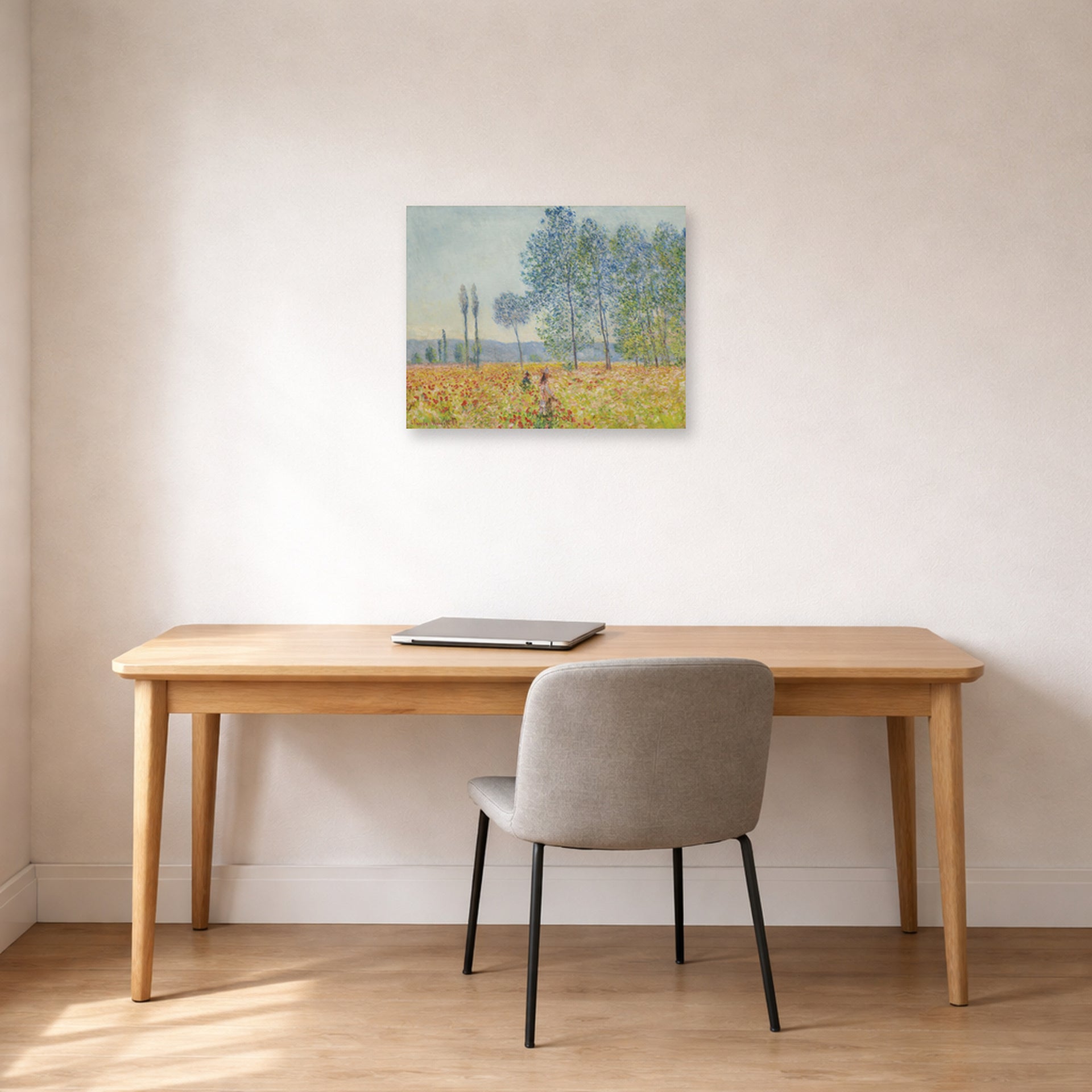Unframed poster print of Claude Monet's 'Under the Poplar' displayed on a wall in a office