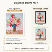 Claude Monet - Vase De Pivoines canvas print size comparison and framing display infographic