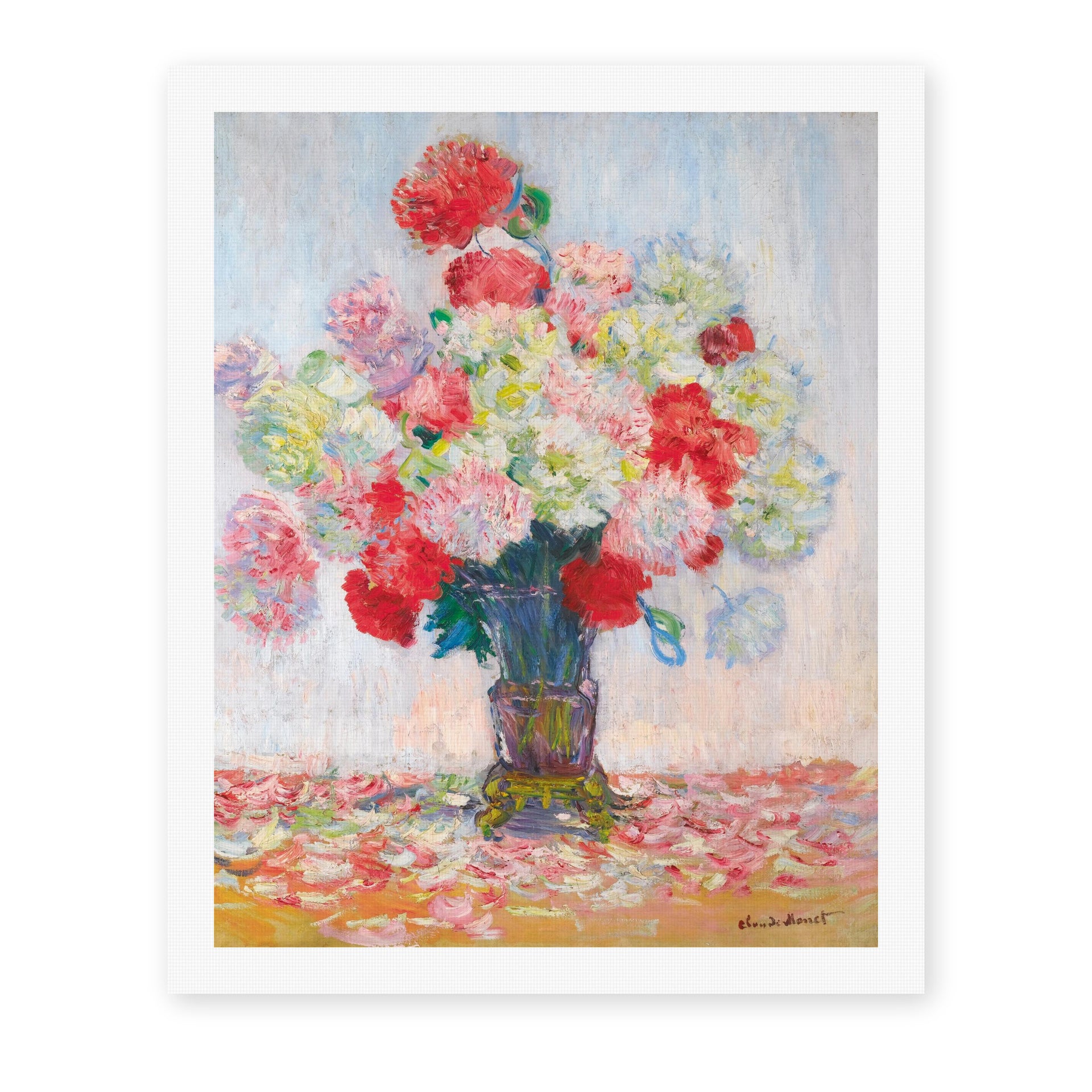 Claude Monet's 'Vase De Pivoines' painting reproduced as a rolled canvas print