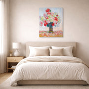 Gallery-wrapped canvas print of Claude Monet's 'Vase De Pivoines' displayed on a wall in a bedroom