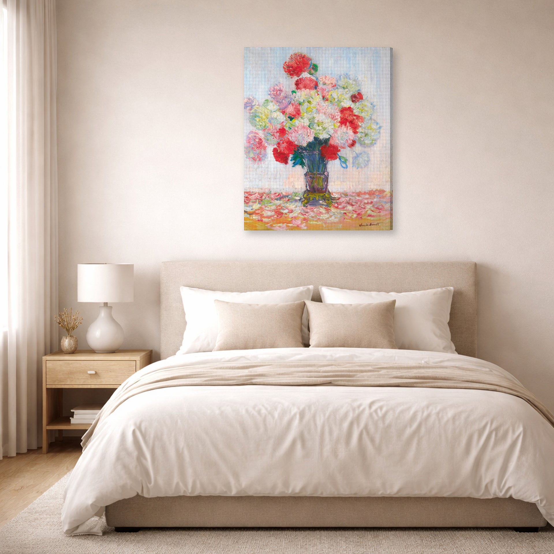 Gallery-wrapped canvas print of Claude Monet's 'Vase De Pivoines' displayed on a wall in a bedroom