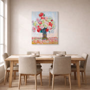 Gallery-wrapped canvas print of Claude Monet's 'Vase De Pivoines' displayed on a wall in a dining room