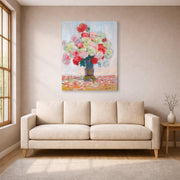 Gallery-wrapped canvas print of Claude Monet's 'Vase De Pivoines' displayed on a wall in a living room