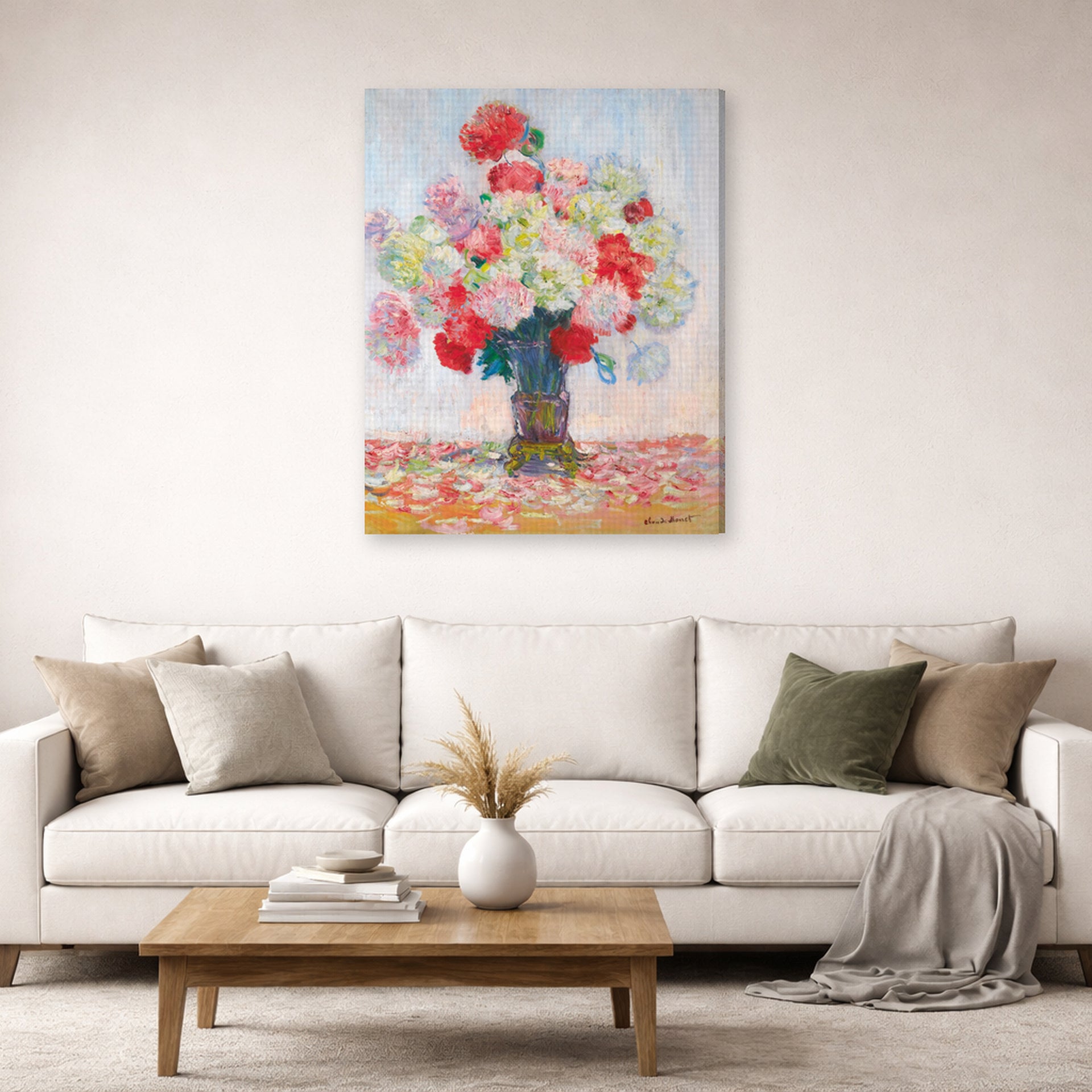 Gallery-wrapped canvas print of Claude Monet's 'Vase De Pivoines' displayed on a wall in a living room