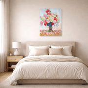 Unframed poster print of Claude Monet's 'Vase De Pivoines' displayed on a wall in a bedroom