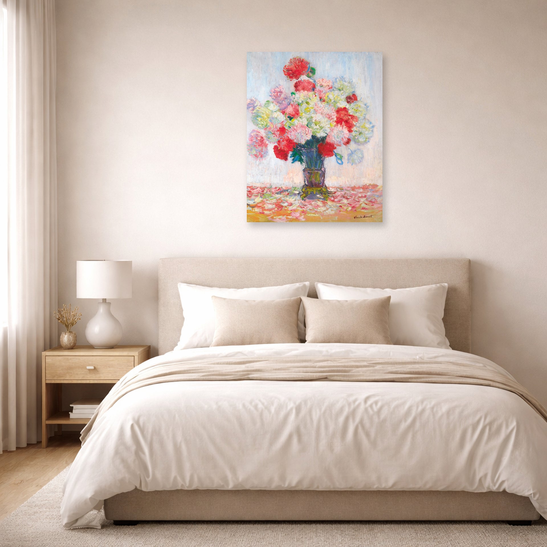 Unframed poster print of Claude Monet's 'Vase De Pivoines' displayed on a wall in a bedroom