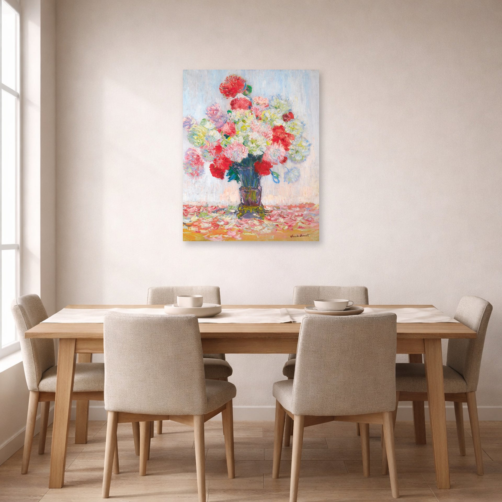 Unframed poster print of Claude Monet's 'Vase De Pivoines' displayed on a wall in a dining room