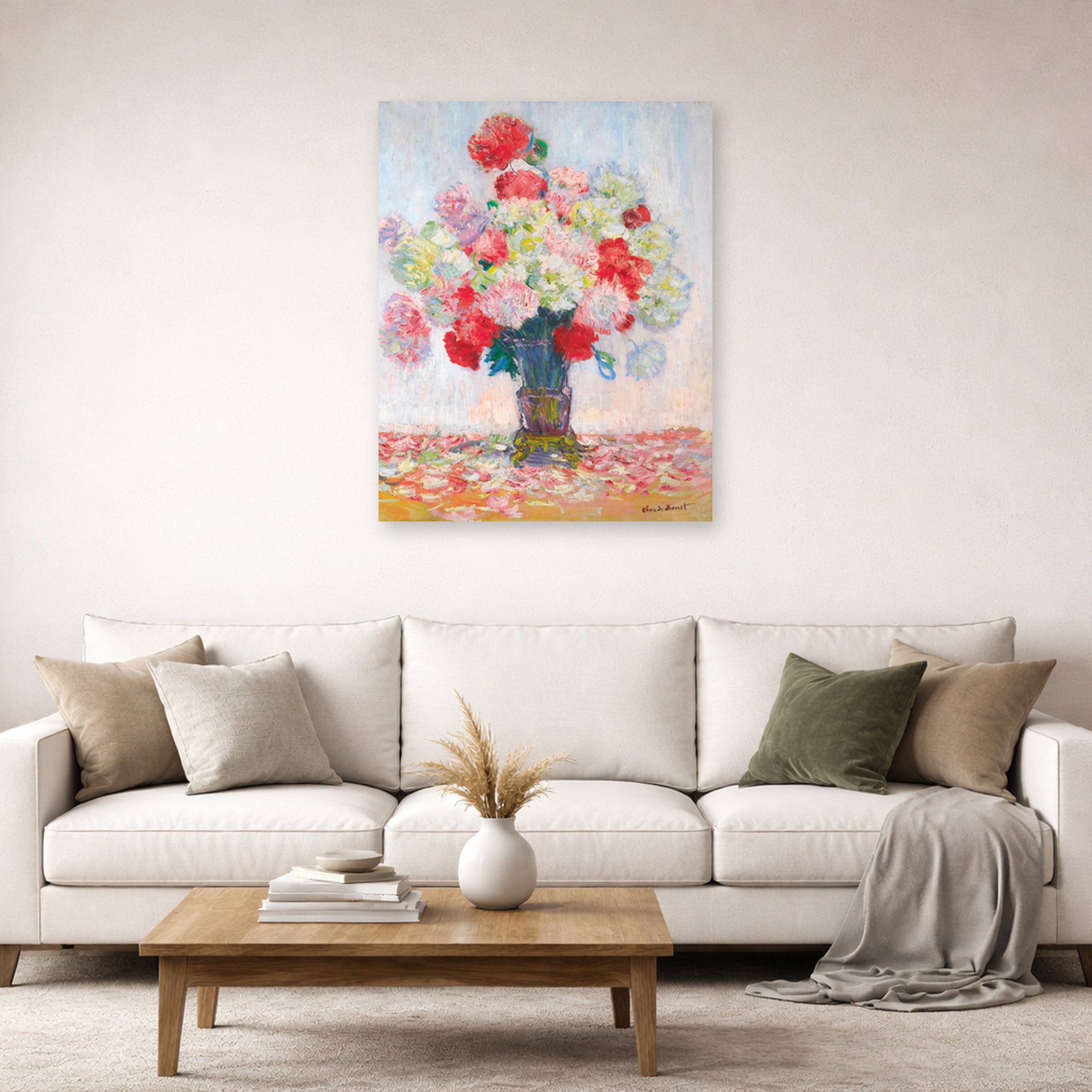 Unframed poster print of Claude Monet's 'Vase De Pivoines' displayed on a wall in a living room