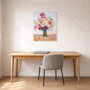 Unframed poster print of Claude Monet's 'Vase De Pivoines' displayed on a wall in a office