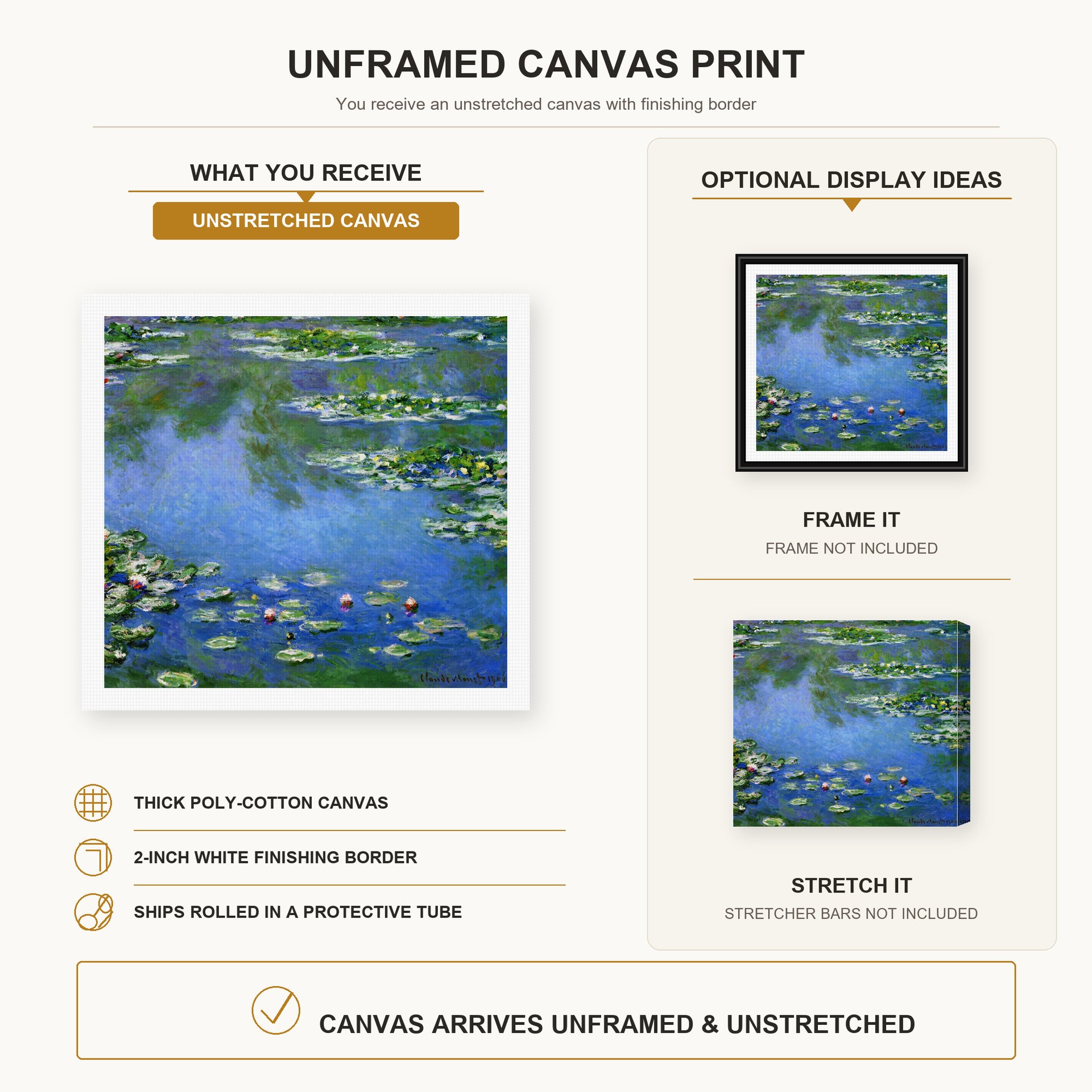 Claude Monet - Water Lilies canvas print size comparison and framing display infographic