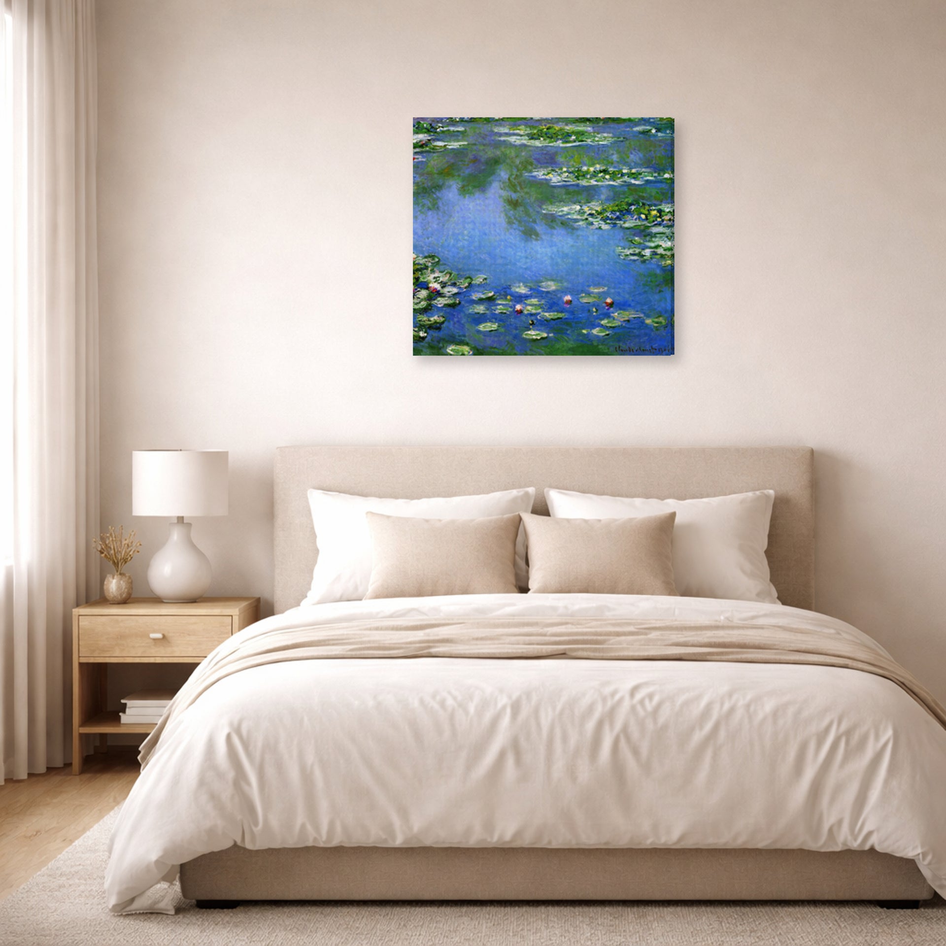 Gallery-wrapped canvas print of Claude Monet's 'Water Lilies' displayed on a wall in a bedroom