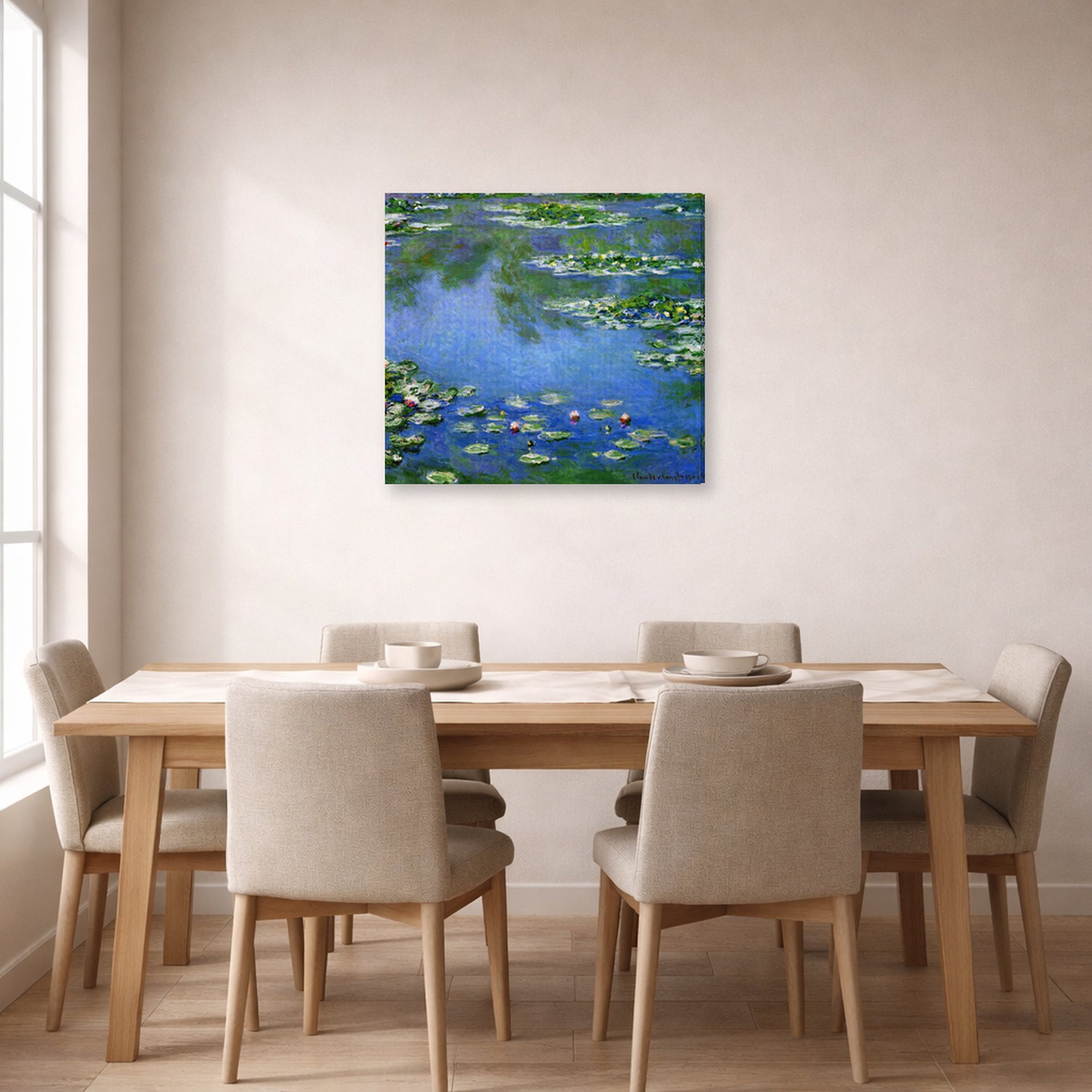Gallery-wrapped canvas print of Claude Monet's 'Water Lilies' displayed on a wall in a dining room