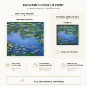 Claude Monet - Water Lilies poster print size comparison and framing display infographic