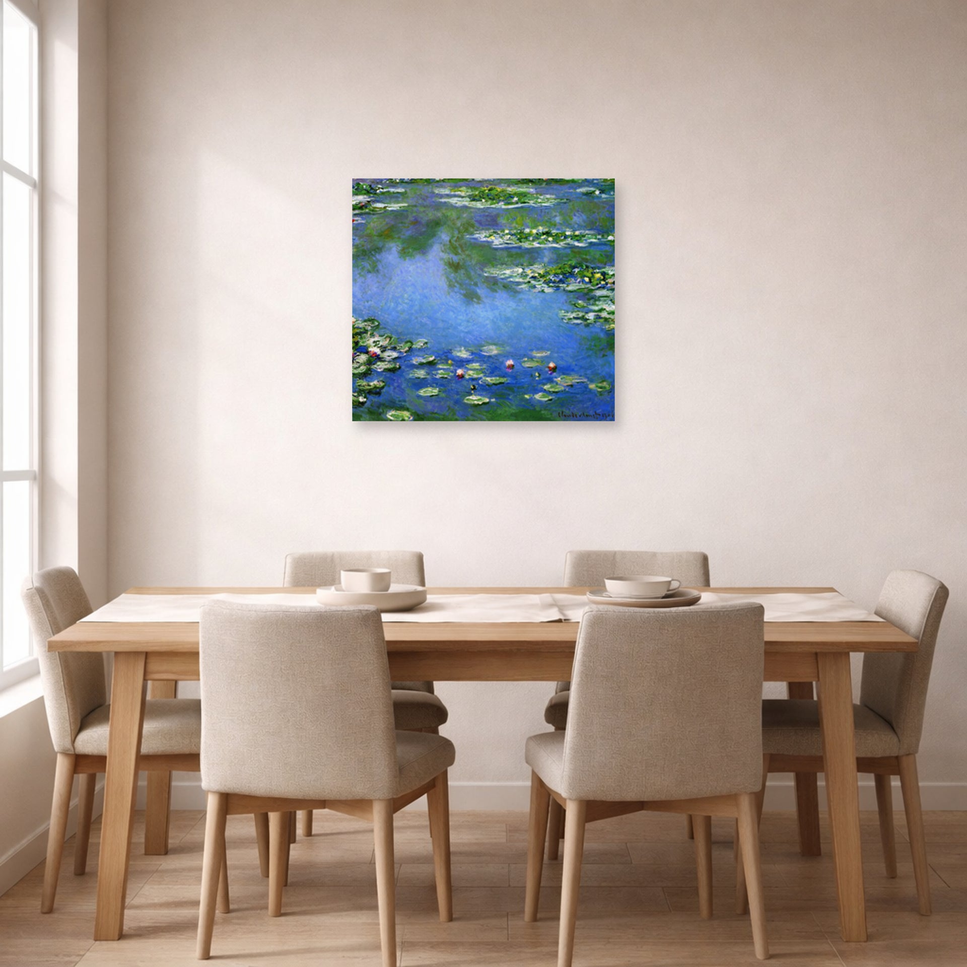 Unframed poster print of Claude Monet's 'Water Lilies' displayed on a wall in a dining room