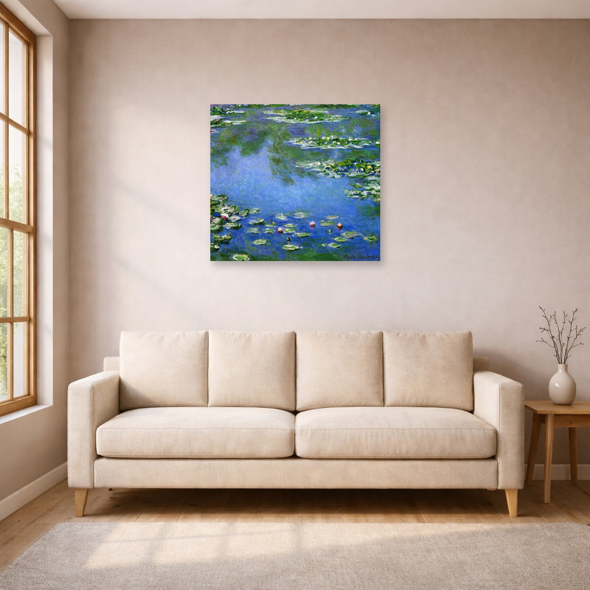 Unframed poster print of Claude Monet's 'Water Lilies' displayed on a wall in a living room