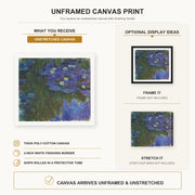 Claude Monet - Waterlilies in Bloom canvas print size comparison and framing display infographic