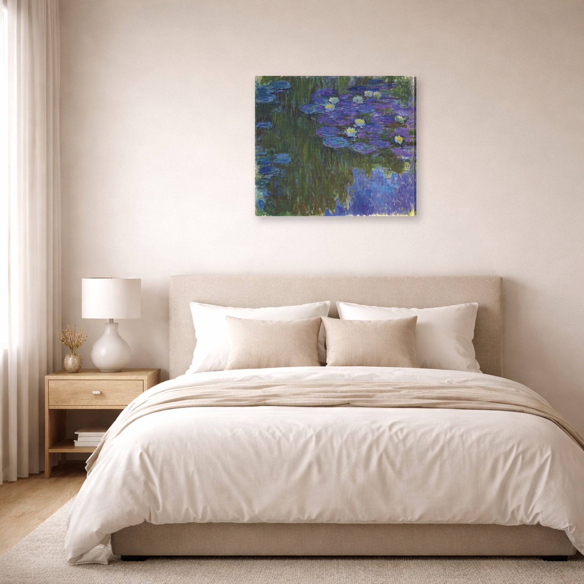 Gallery-wrapped canvas print of Claude Monet's 'Waterlilies in Bloom' displayed on a wall in a bedroom
