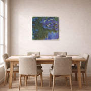 Gallery-wrapped canvas print of Claude Monet's 'Waterlilies in Bloom' displayed on a wall in a dining room