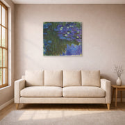 Gallery-wrapped canvas print of Claude Monet's 'Waterlilies in Bloom' displayed on a wall in a living room