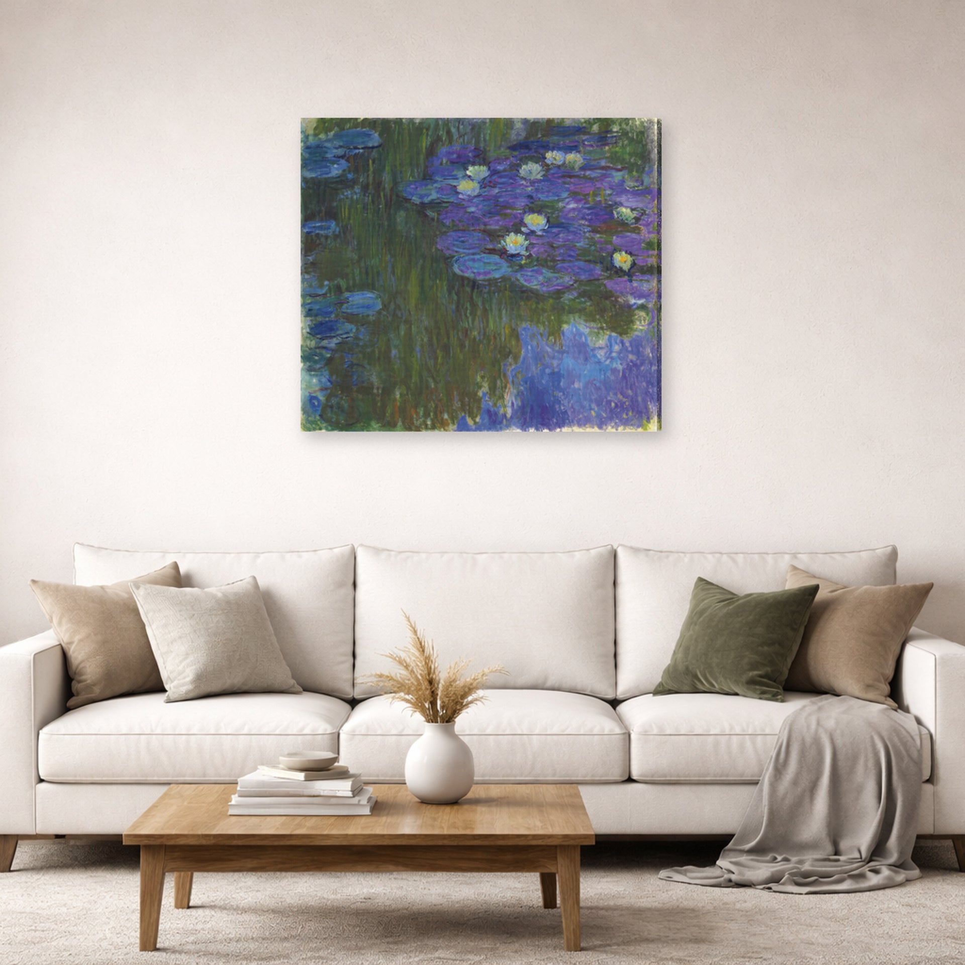 Gallery-wrapped canvas print of Claude Monet's 'Waterlilies in Bloom' displayed on a wall in a living room