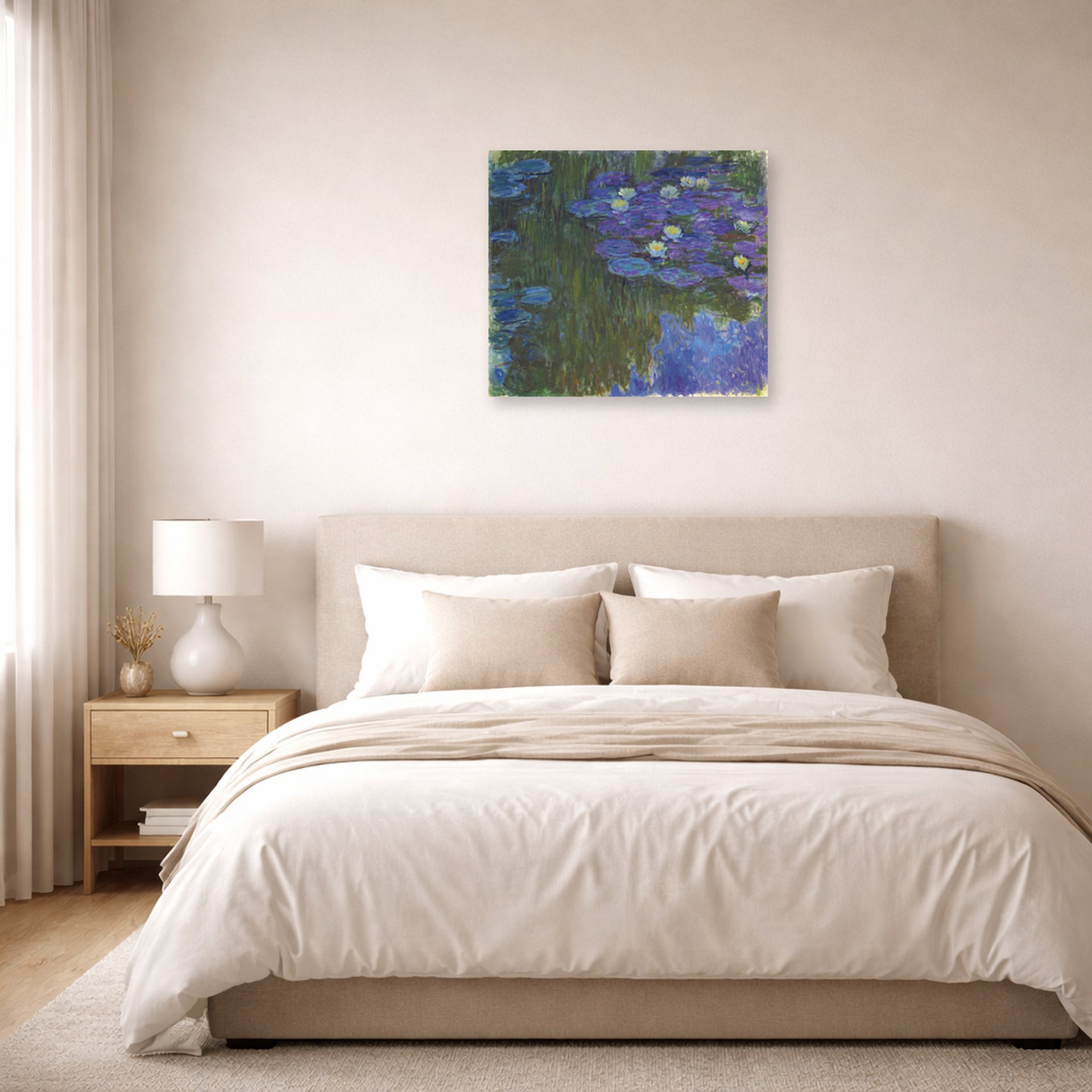 Unframed poster print of Claude Monet's 'Waterlilies in Bloom' displayed on a wall in a bedroom