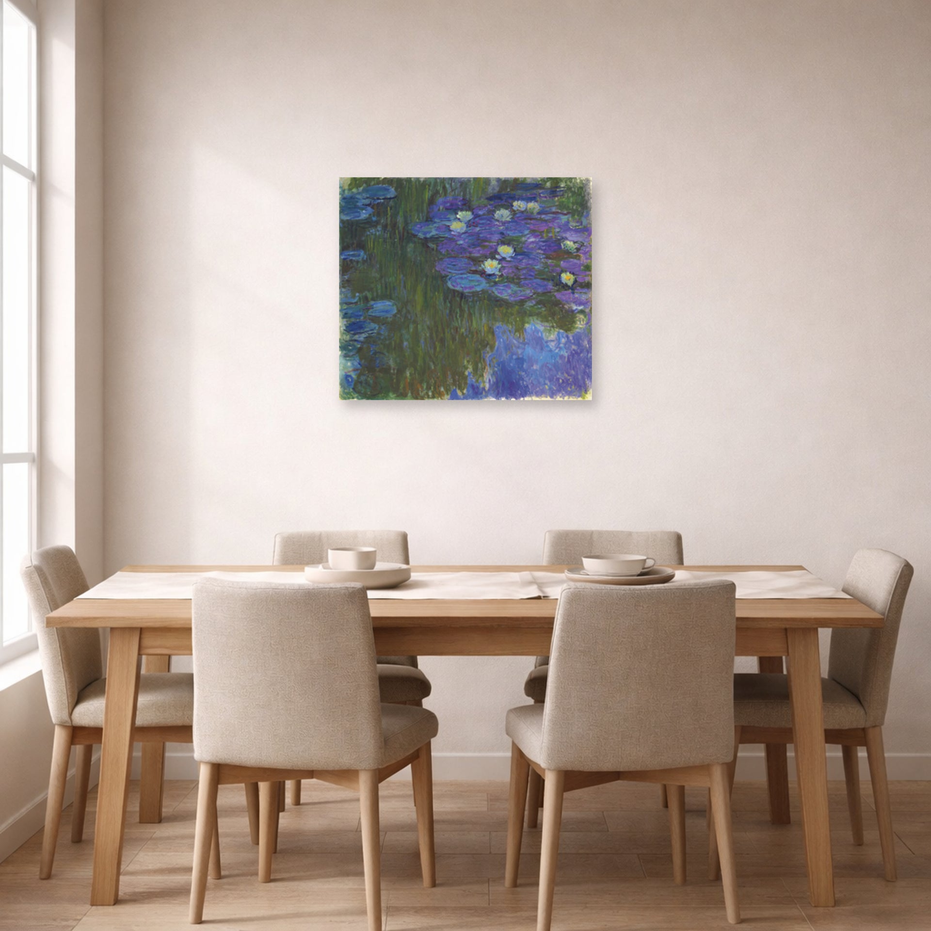 Unframed poster print of Claude Monet's 'Waterlilies in Bloom' displayed on a wall in a dining room