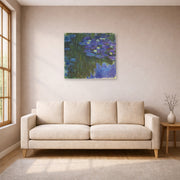 Unframed poster print of Claude Monet's 'Waterlilies in Bloom' displayed on a wall in a living room
