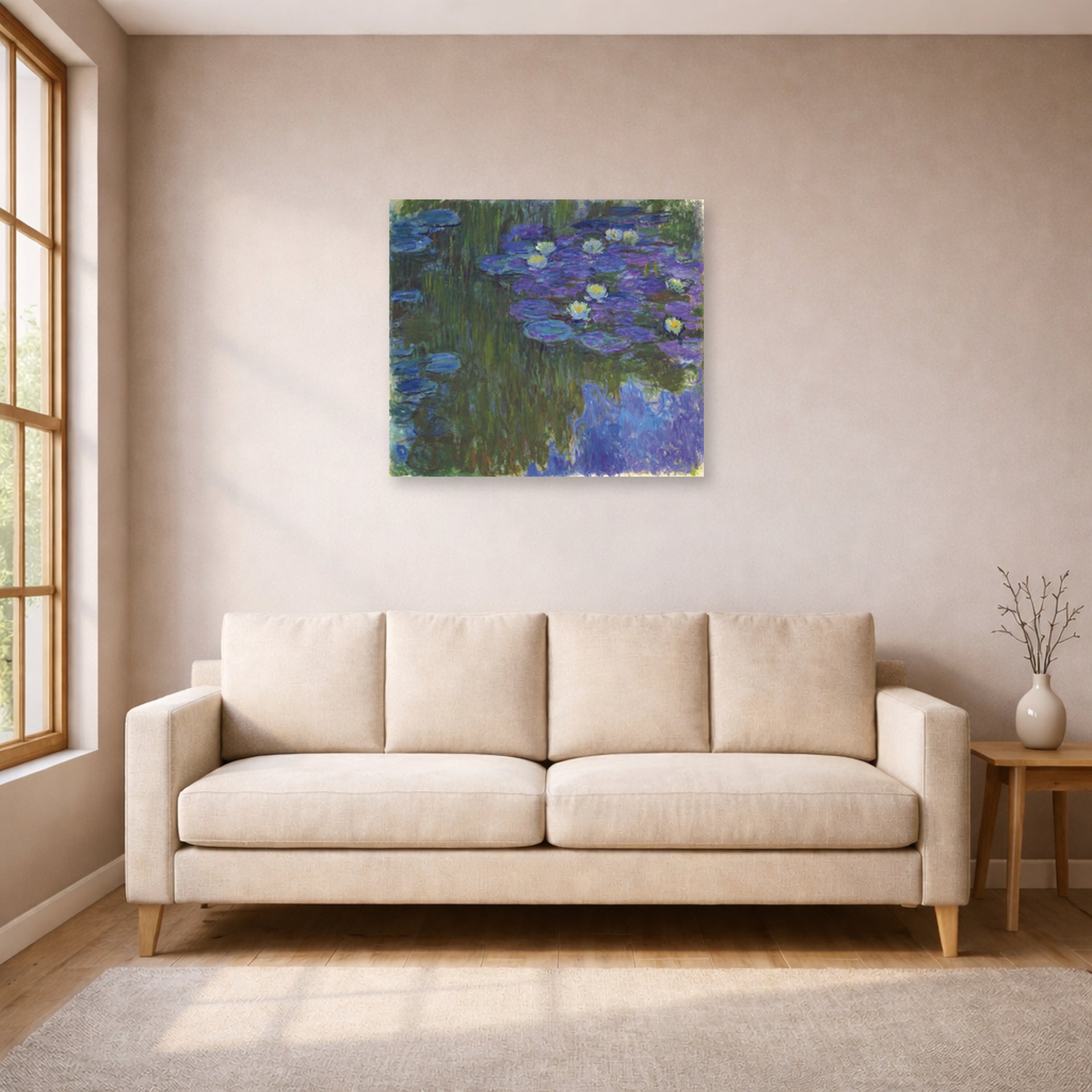 Unframed poster print of Claude Monet's 'Waterlilies in Bloom' displayed on a wall in a living room