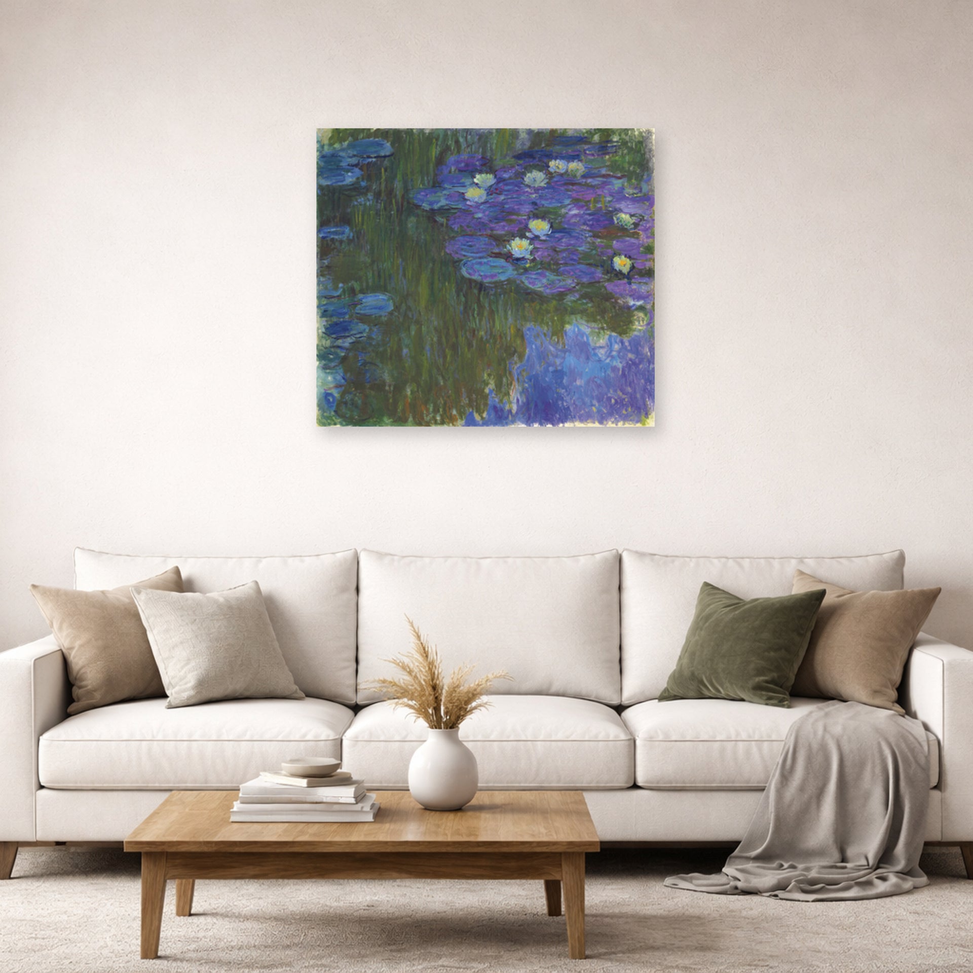 Unframed poster print of Claude Monet's 'Waterlilies in Bloom' displayed on a wall in a living room