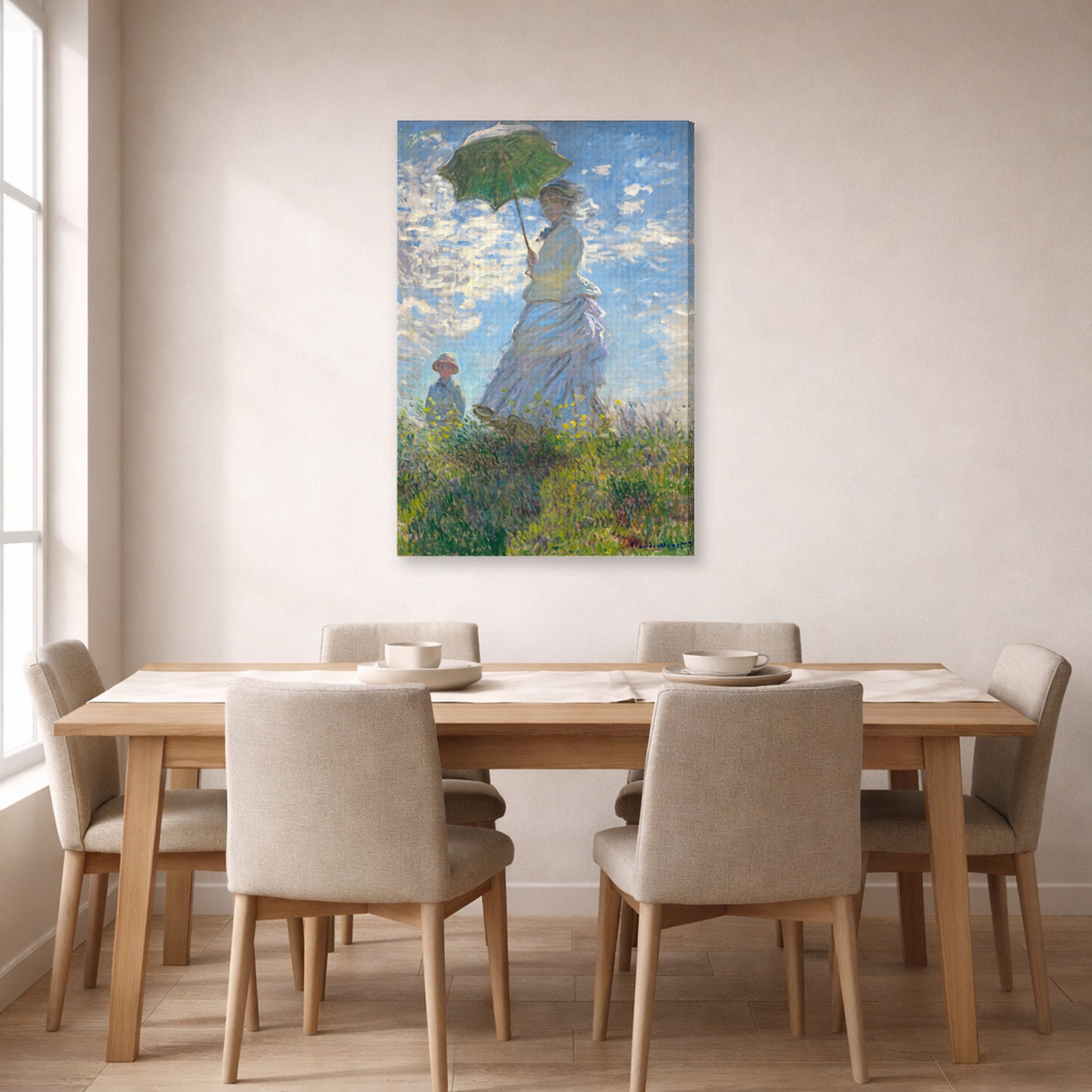 Gallery-wrapped canvas print of Claude Monet's 'Woman with a Parasol' displayed on a wall in a dining room