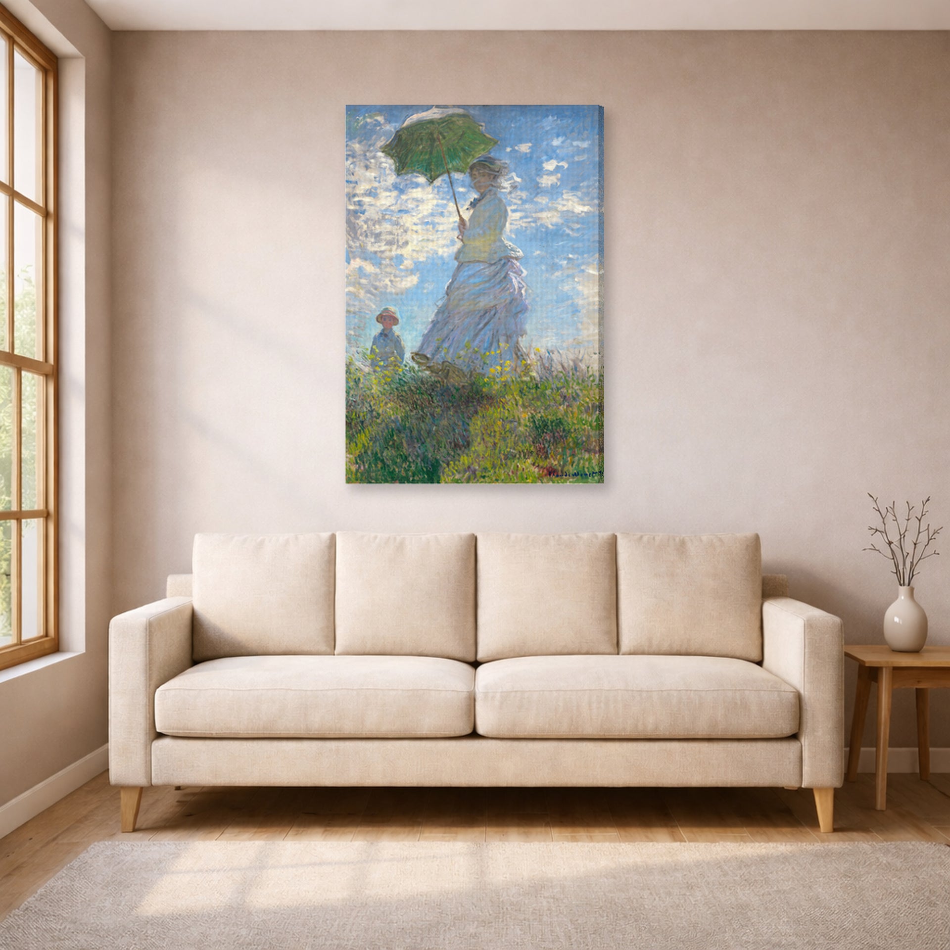 Gallery-wrapped canvas print of Claude Monet's 'Woman with a Parasol' displayed on a wall in a living room