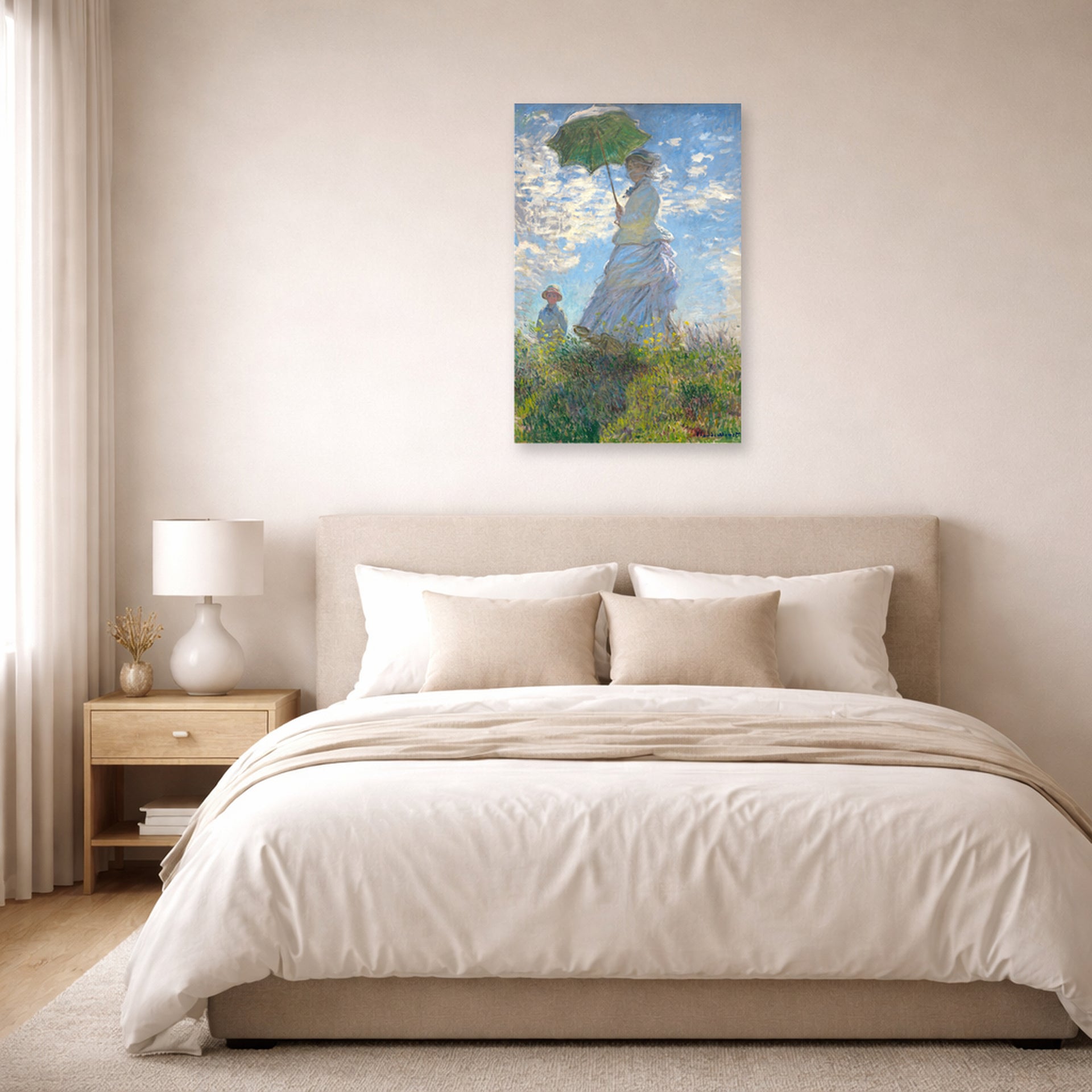 Unframed poster print of Claude Monet's 'Woman with a Parasol' displayed on a wall in a bedroom